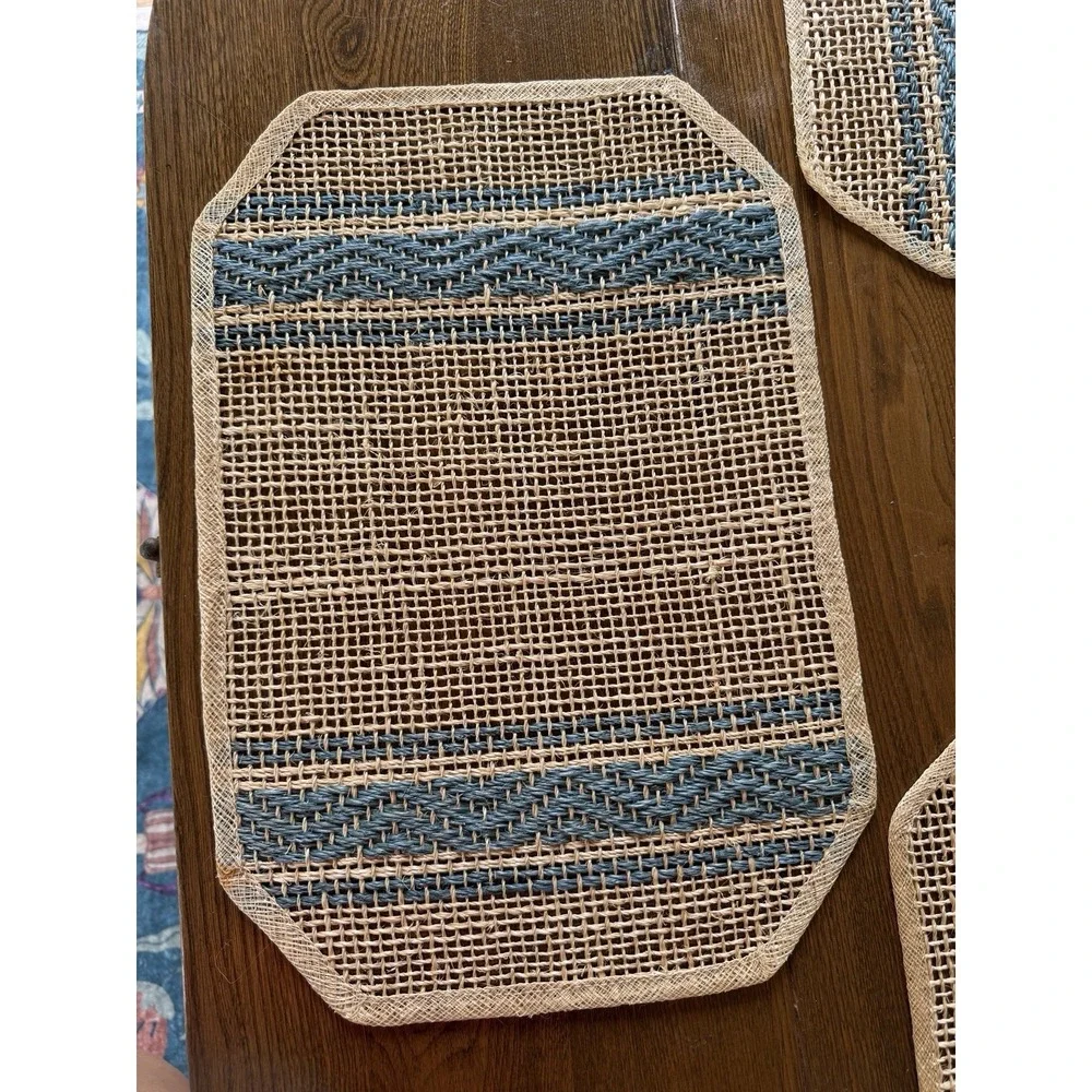 Vintage Abaca Fiber Placemats Set of 4 Navy Blue Natural Zigzag Stripe Boho MCM